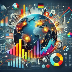 Illustration numérique détaillée des tendances inflationnistes mondiales et des politiques économiques, incluant des graphiques sur les États-Unis, le Royaume-Uni, l'Allemagne, le Brésil et la Chine.