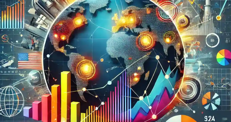 Illustration numérique détaillée des tendances inflationnistes mondiales et des politiques économiques, incluant des graphiques sur les États-Unis, le Royaume-Uni, l'Allemagne, le Brésil et la Chine.