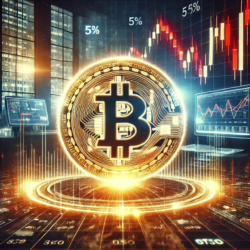 Illustration dynamique montrant une baisse de 5 % du Bitcoin, avec un symbole lumineux de la crypto-monnaie en avant-plan et des graphiques financiers déclinant en arrière-plan.