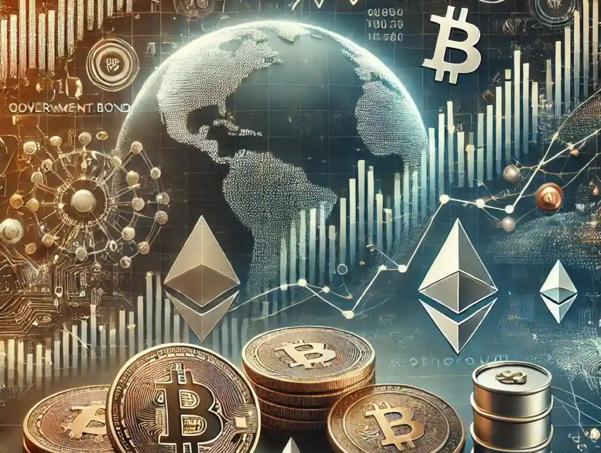 Illustration des tendances des marchés mondiaux avec des graphiques boursiers, des symboles de crypto-monnaies comme Bitcoin et Ethereum, et des icônes de matières premières comme l'or et le pétrole.