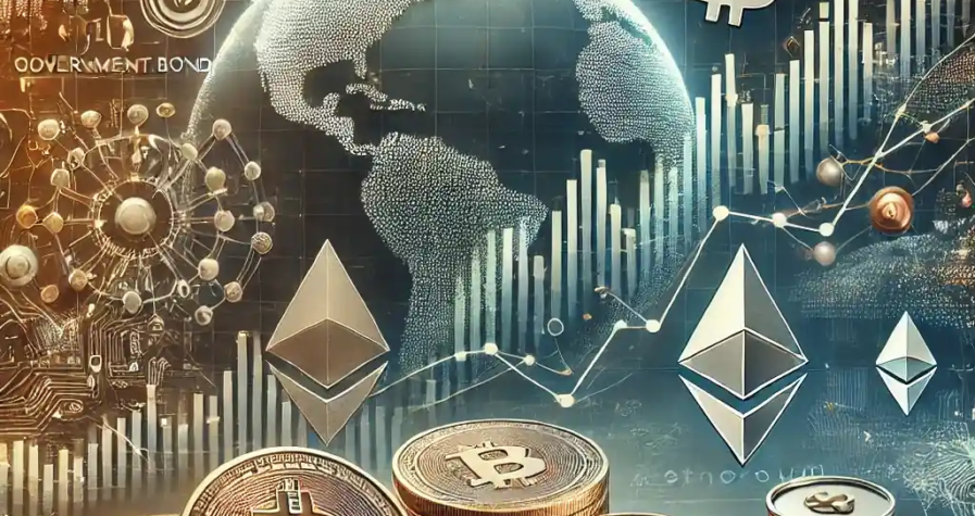 Illustration des tendances des marchés mondiaux avec des graphiques boursiers, des symboles de crypto-monnaies comme Bitcoin et Ethereum, et des icônes de matières premières comme l'or et le pétrole.