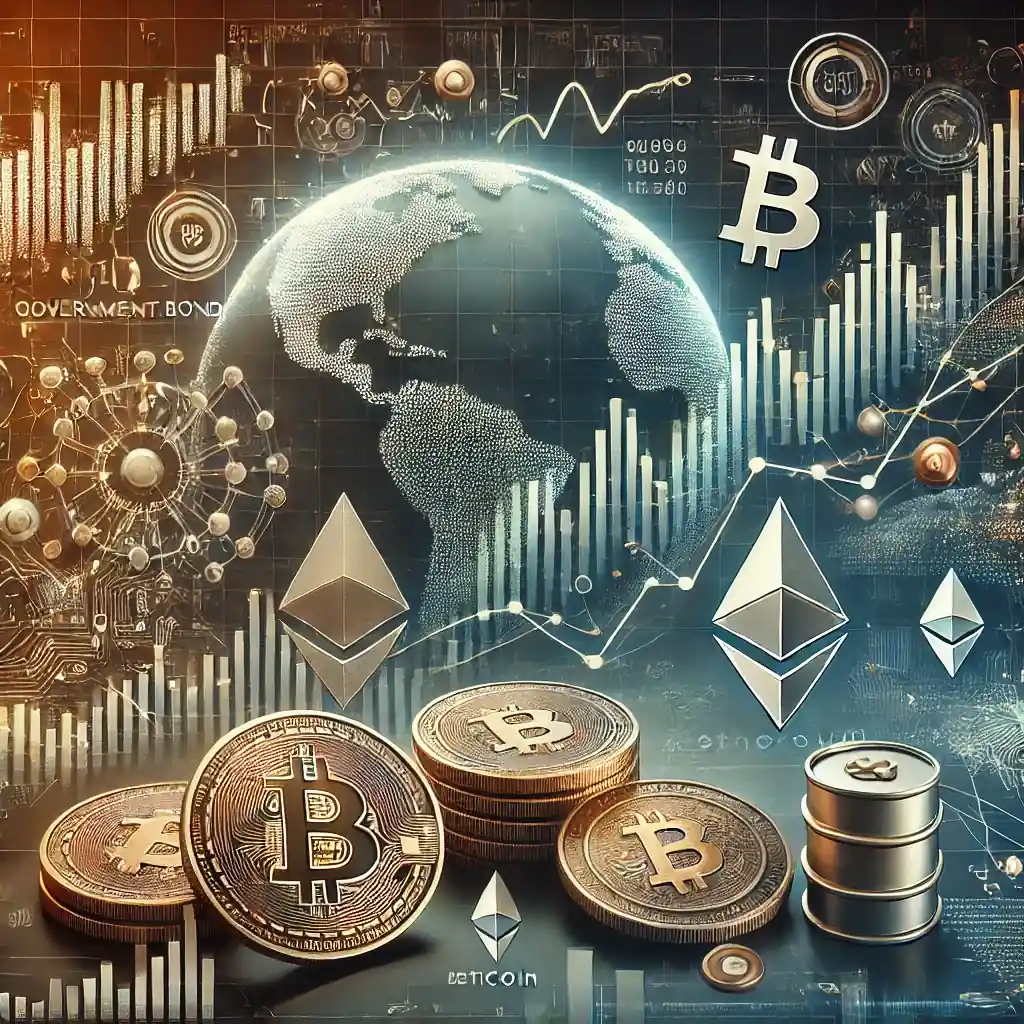 Illustration des tendances des marchés mondiaux avec des graphiques boursiers, des symboles de crypto-monnaies comme Bitcoin et Ethereum, et des icônes de matières premières comme l'or et le pétrole.