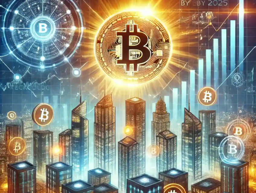 A futuristic and dynamic illustration depicting Bitcoin’s growth to a potential $200,000 value, with corporate adoption and institutional inflows symbolized through data-driven visuals and blockchain imagery.