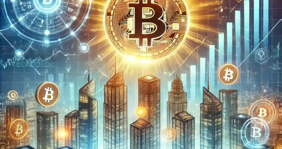 A futuristic and dynamic illustration depicting Bitcoin’s growth to a potential $200,000 value, with corporate adoption and institutional inflows symbolized through data-driven visuals and blockchain imagery.