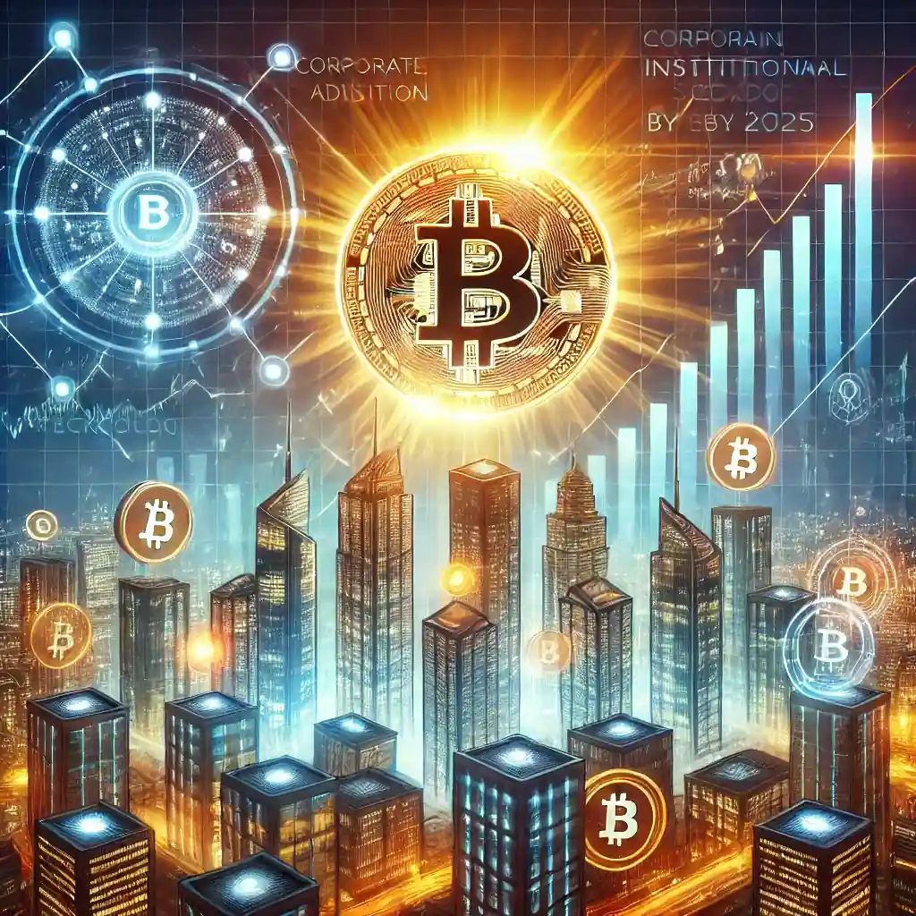 A futuristic and dynamic illustration depicting Bitcoin’s growth to a potential $200,000 value, with corporate adoption and institutional inflows symbolized through data-driven visuals and blockchain imagery.
