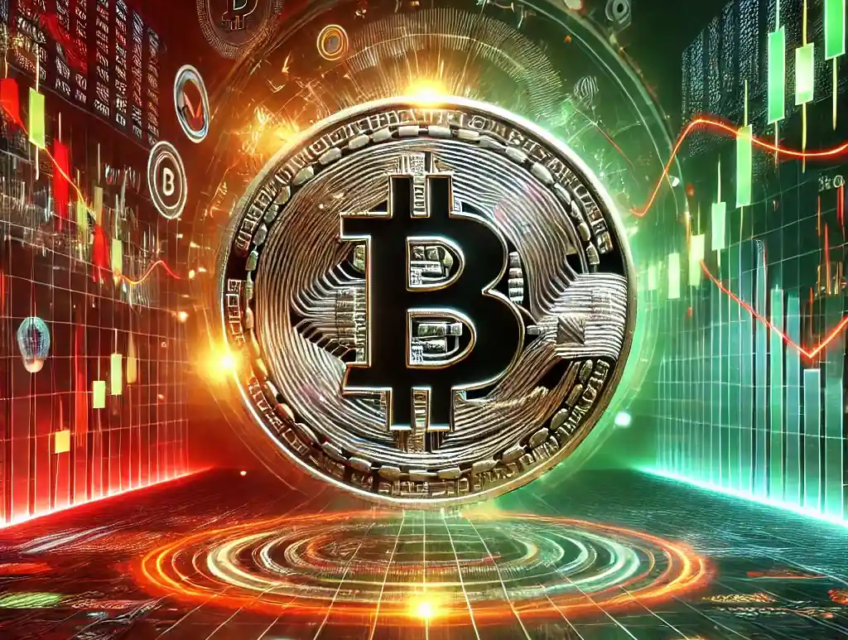 A futuristic digital illustration depicting Bitcoin ETF outflows and market volatility with glowing red and green financial charts surrounding a prominent Bitcoin coin.