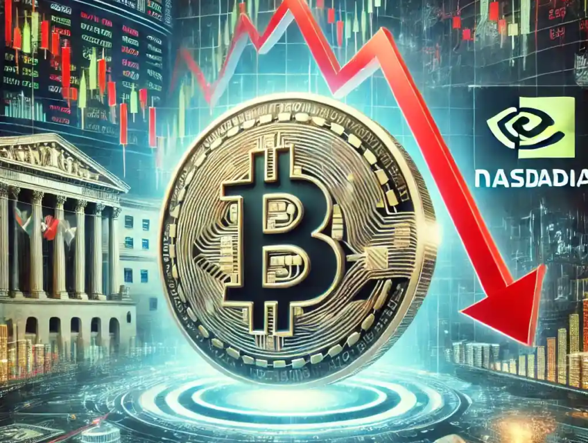 An illustration of Bitcoin futures decline featuring a Bitcoin symbol, downward graph, trading screens, Nasdaq chart, and economic indicators.