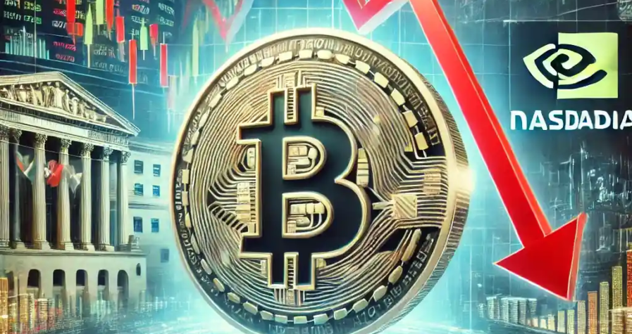 An illustration of Bitcoin futures decline featuring a Bitcoin symbol, downward graph, trading screens, Nasdaq chart, and economic indicators.