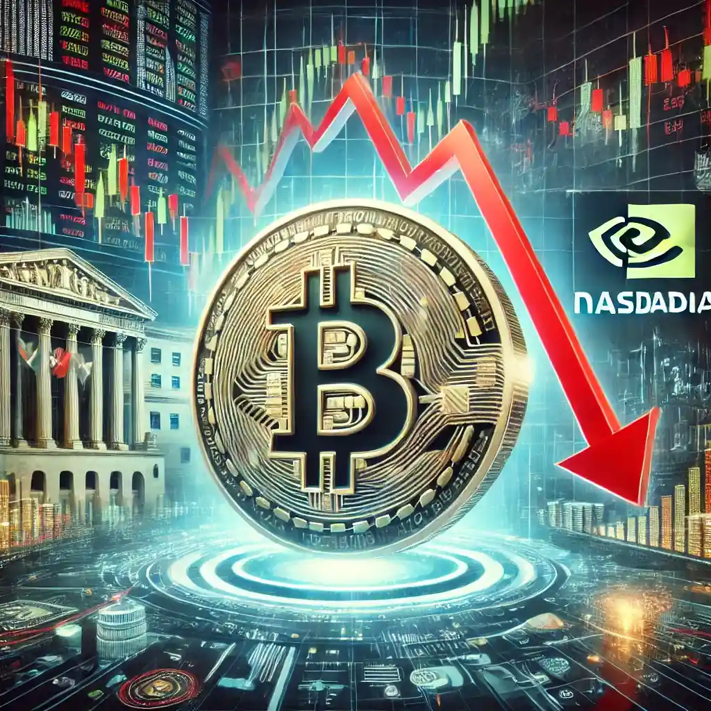 An illustration of Bitcoin futures decline featuring a Bitcoin symbol, downward graph, trading screens, Nasdaq chart, and economic indicators.