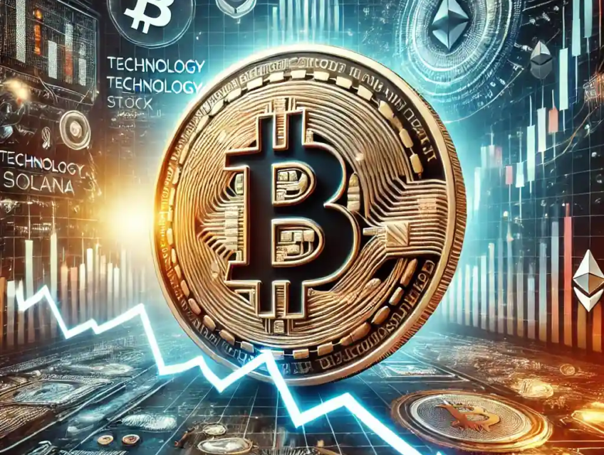 A visual representation of Bitcoin's market volatility with a Bitcoin coin, declining graph, technology stock icons, and AI symbolism.