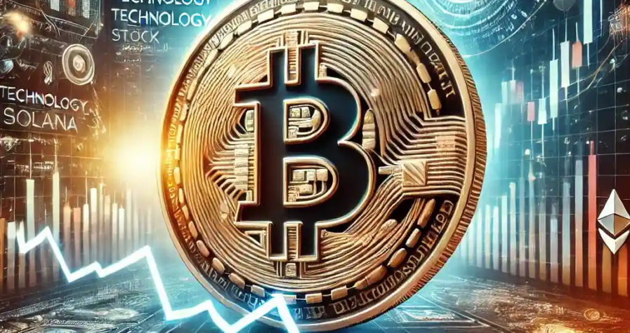 A visual representation of Bitcoin's market volatility with a Bitcoin coin, declining graph, technology stock icons, and AI symbolism.