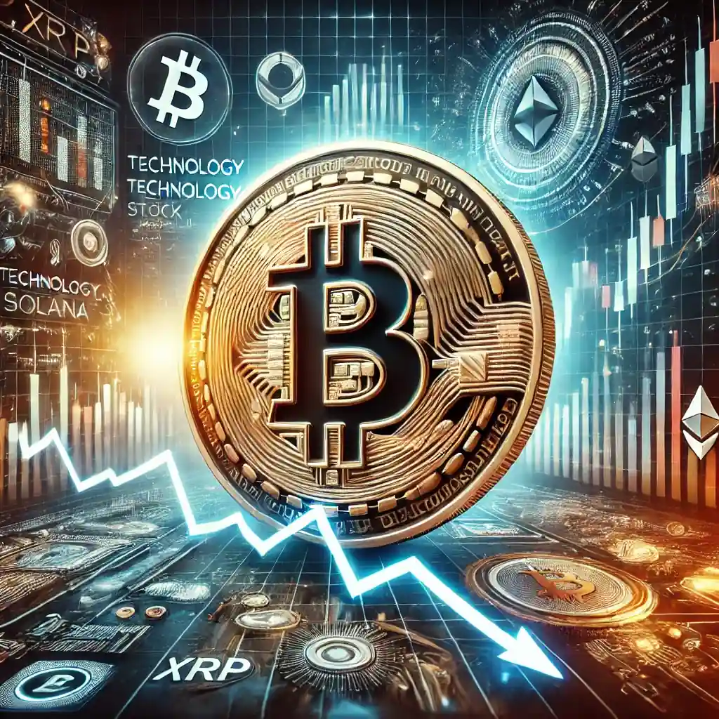 A visual representation of Bitcoin's market volatility with a Bitcoin coin, declining graph, technology stock icons, and AI symbolism.