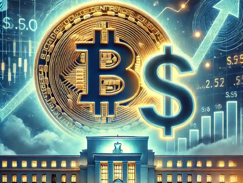 A digital illustration showcasing Bitcoin under pressure with a rising U.S. dollar symbol and a financial market backdrop.