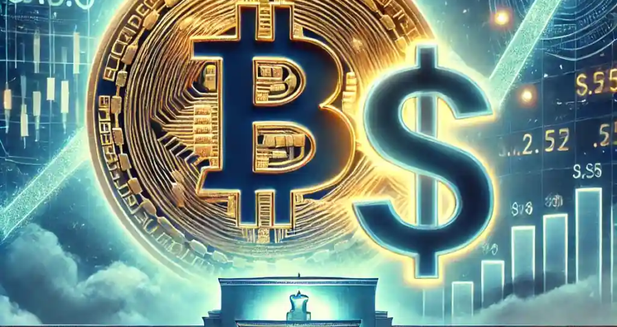 A digital illustration showcasing Bitcoin under pressure with a rising U.S. dollar symbol and a financial market backdrop.