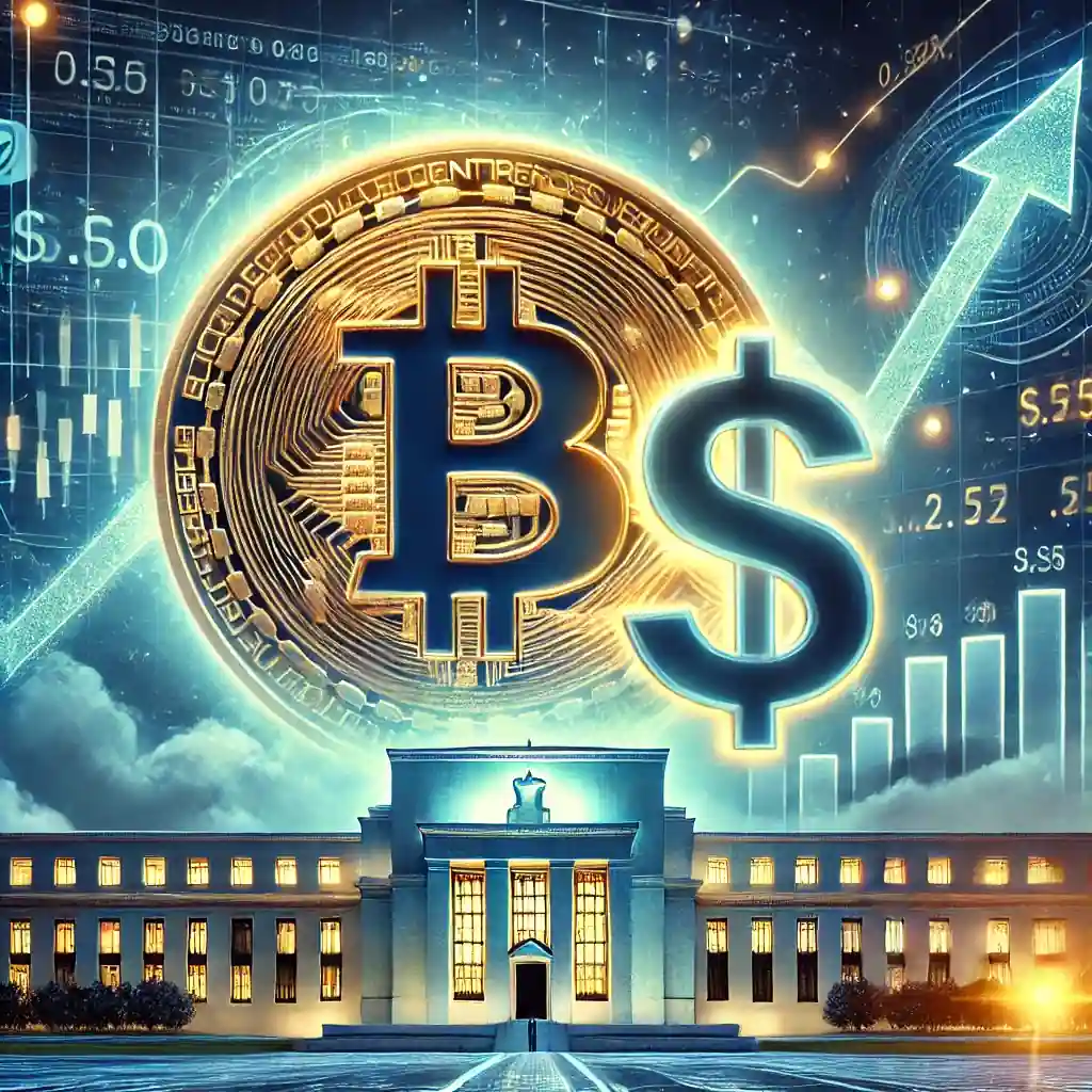 A digital illustration showcasing Bitcoin under pressure with a rising U.S. dollar symbol and a financial market backdrop.