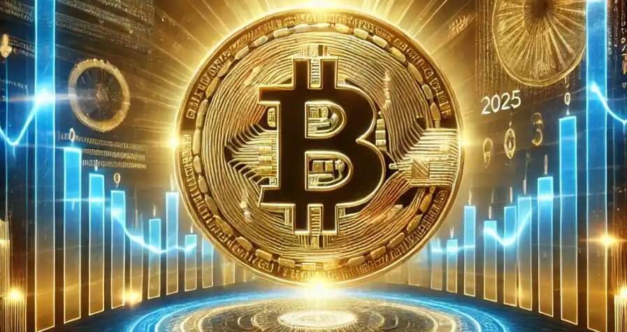 A glowing golden Bitcoin symbol at the center, surrounded by dynamic price charts and futuristic digital elements in blue and gold neon lights.