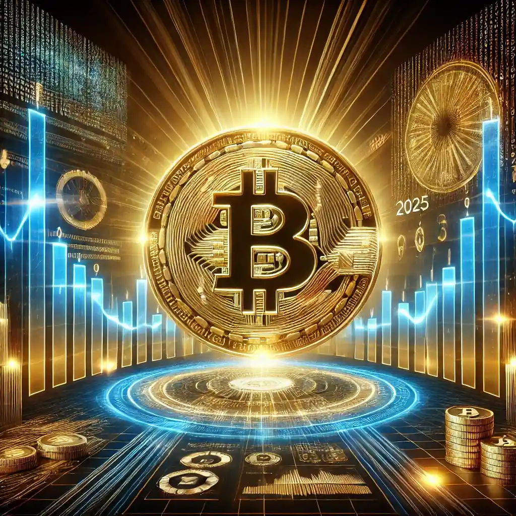 A glowing golden Bitcoin symbol at the center, surrounded by dynamic price charts and futuristic digital elements in blue and gold neon lights.