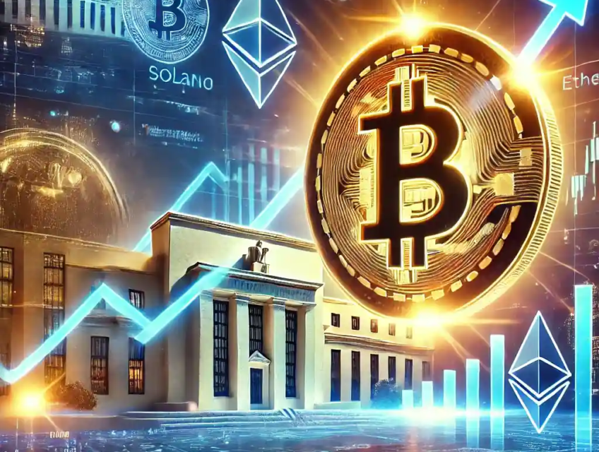 An illustration of a rising Bitcoin symbol with financial charts, the Federal Reserve building, digital asset icons, and regulatory documents.