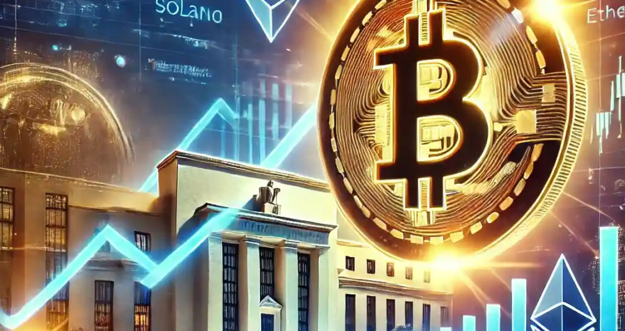 An illustration of a rising Bitcoin symbol with financial charts, the Federal Reserve building, digital asset icons, and regulatory documents.