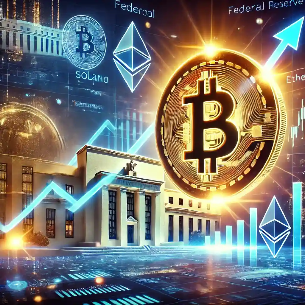 An illustration of a rising Bitcoin symbol with financial charts, the Federal Reserve building, digital asset icons, and regulatory documents.