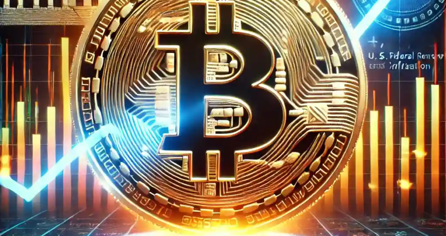 A futuristic illustration of Bitcoin's rise to $100,000, featuring a glowing Bitcoin coin with stock market and inflation symbols in the background.