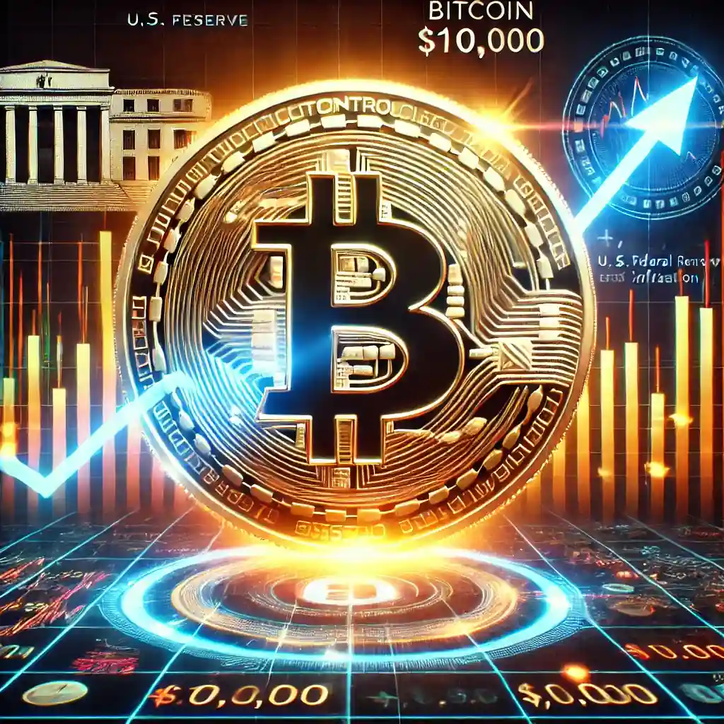 A futuristic illustration of Bitcoin's rise to $100,000, featuring a glowing Bitcoin coin with stock market and inflation symbols in the background.