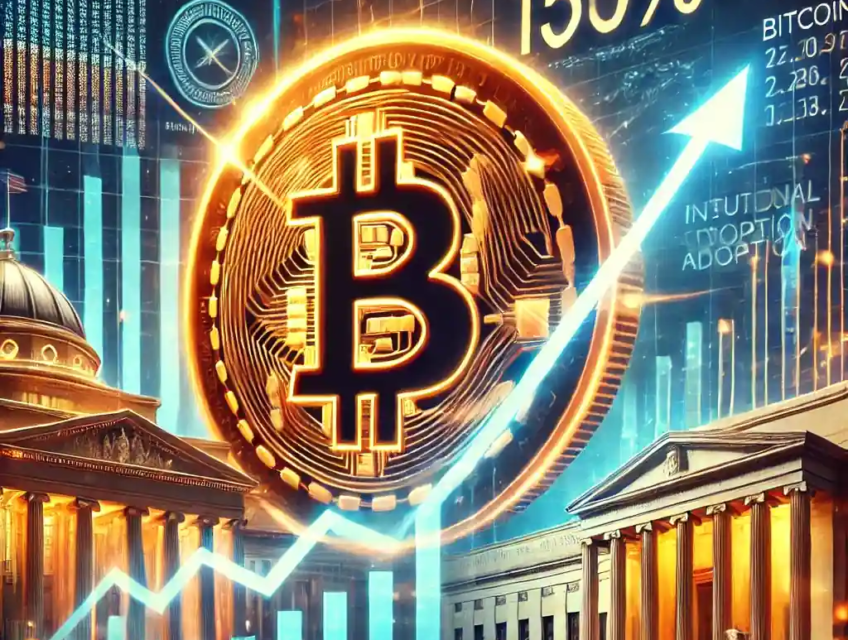 An illustration of a glowing Bitcoin symbol with an upward financial graph, U.S. Treasury building, Federal Reserve imagery, and digital financial charts.