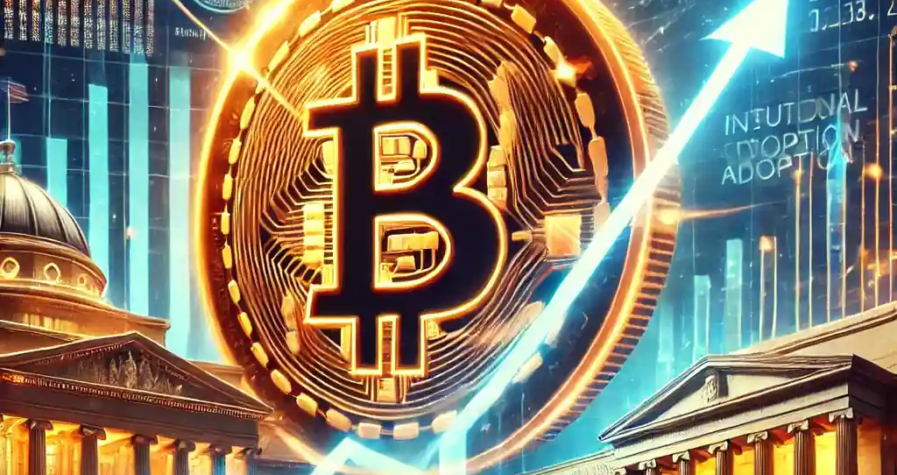 An illustration of a glowing Bitcoin symbol with an upward financial graph, U.S. Treasury building, Federal Reserve imagery, and digital financial charts.