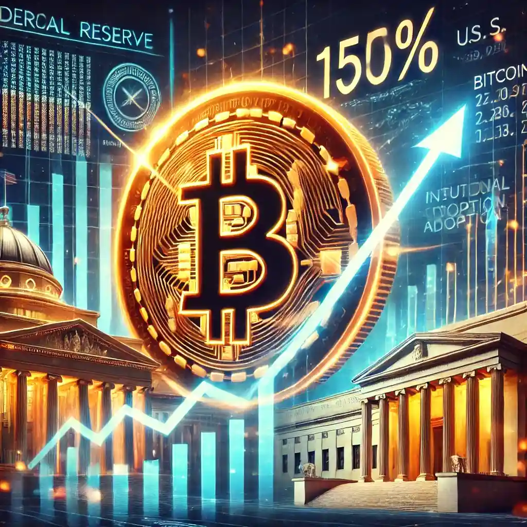 An illustration of a glowing Bitcoin symbol with an upward financial graph, U.S. Treasury building, Federal Reserve imagery, and digital financial charts.
