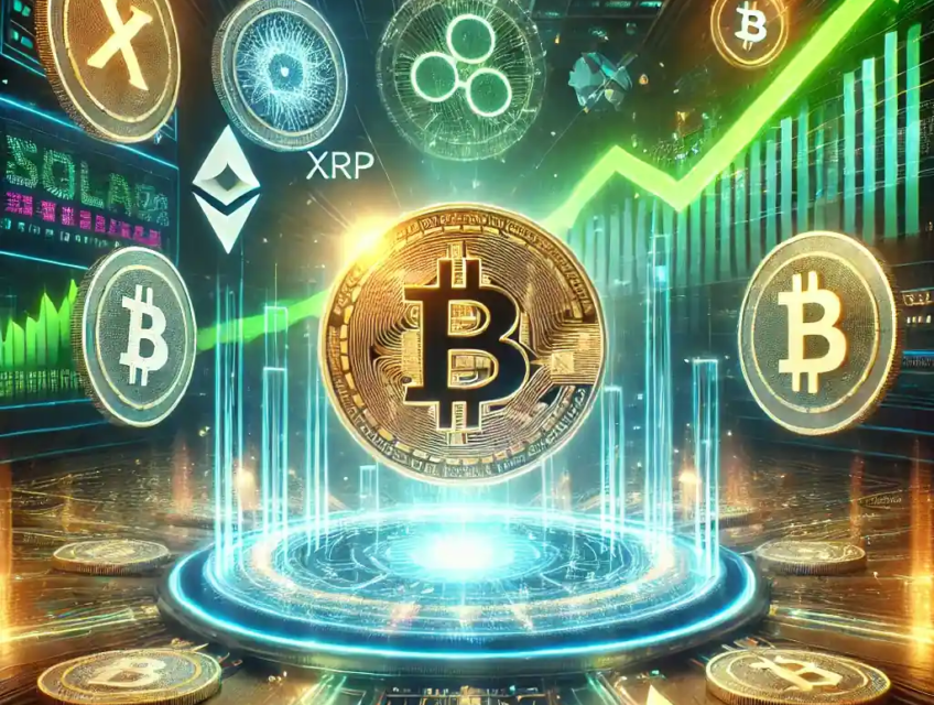 A vibrant cryptocurrency market recovery scene featuring a glowing Bitcoin logo surrounded by smaller altcoin logos such as XRP, Dogecoin, Solana, and AI16z. The backdrop includes a futuristic digital financial chart with green upward-trending lines and holographic blockchain symbols.