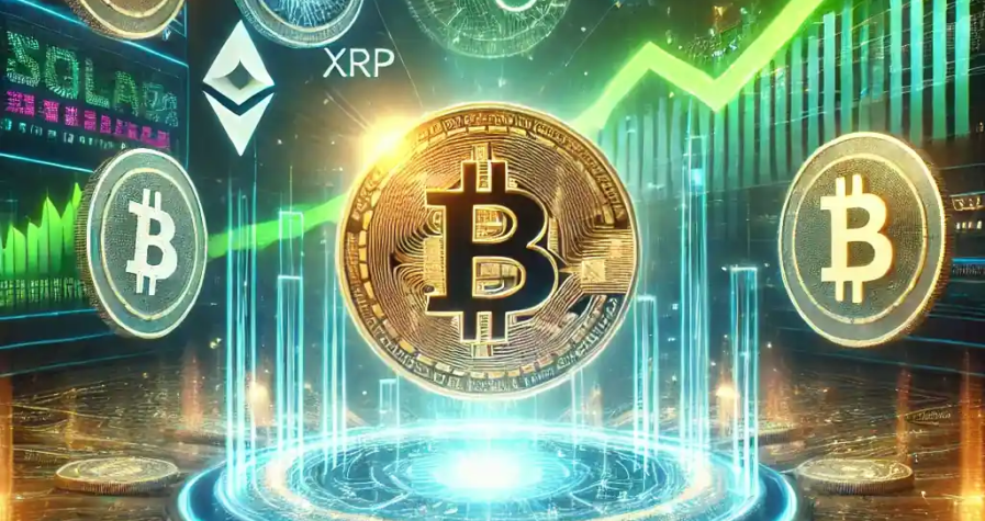 A vibrant cryptocurrency market recovery scene featuring a glowing Bitcoin logo surrounded by smaller altcoin logos such as XRP, Dogecoin, Solana, and AI16z. The backdrop includes a futuristic digital financial chart with green upward-trending lines and holographic blockchain symbols.