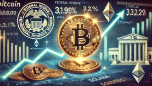 Illustration de la montée du Bitcoin au-dessus de 100 000 $, avec des graphiques haussiers et des icônes d’Ethereum et de Solana.