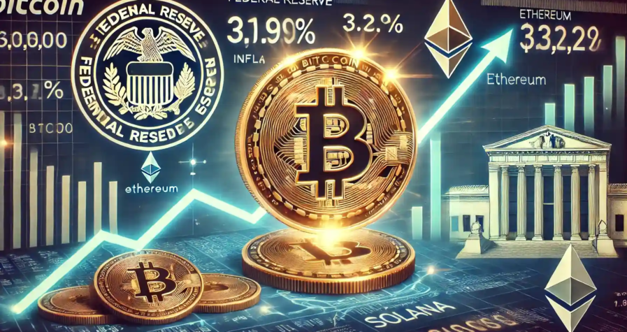 Illustration de la montée du Bitcoin au-dessus de 100 000 $, avec des graphiques haussiers et des icônes d’Ethereum et de Solana.