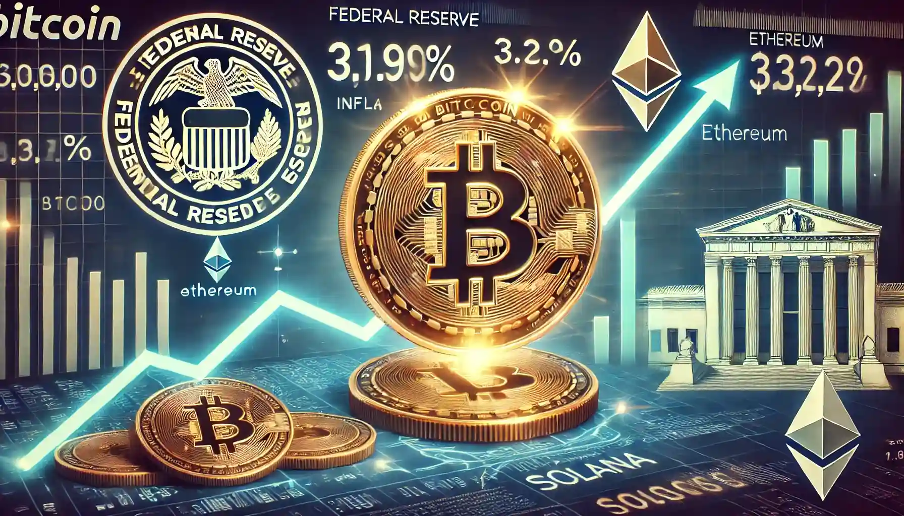 Illustration de la montée du Bitcoin au-dessus de 100 000 $, avec des graphiques haussiers et des icônes d’Ethereum et de Solana.