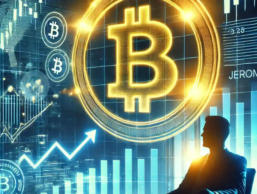 Illustration numérique futuriste représentant la montée du Bitcoin après la réunion de la Réserve fédérale, avec un symbole doré du Bitcoin brillant sur un fond financier dynamique et des graphiques haussiers.