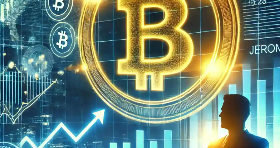 Illustration numérique futuriste représentant la montée du Bitcoin après la réunion de la Réserve fédérale, avec un symbole doré du Bitcoin brillant sur un fond financier dynamique et des graphiques haussiers.