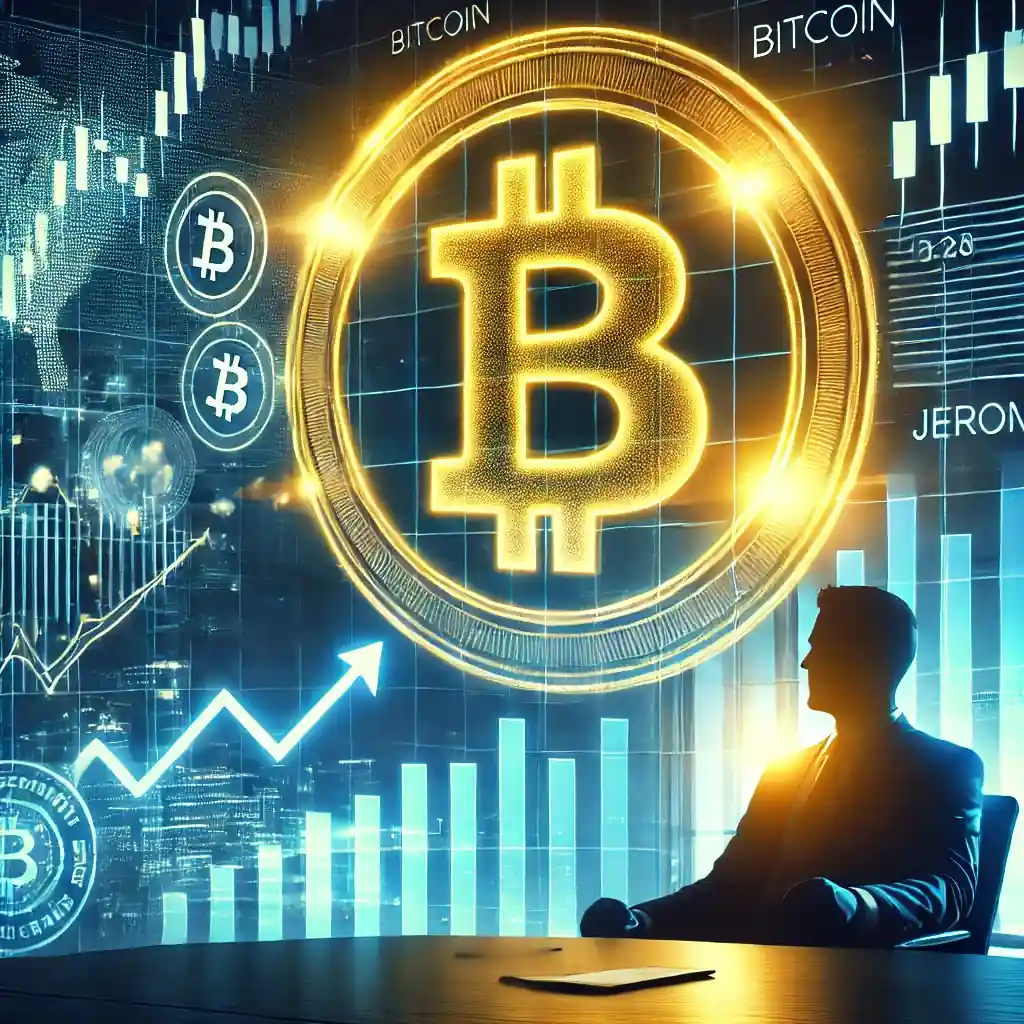 Illustration numérique futuriste représentant la montée du Bitcoin après la réunion de la Réserve fédérale, avec un symbole doré du Bitcoin brillant sur un fond financier dynamique et des graphiques haussiers.