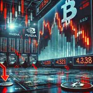 Illustration représentant la chute du Bitcoin avec un graphique baissier, des écrans de trading et des icônes de marché technologique en arrière-plan.