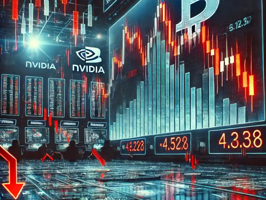 Illustration représentant la chute du Bitcoin avec un graphique baissier, des écrans de trading et des icônes de marché technologique en arrière-plan.
