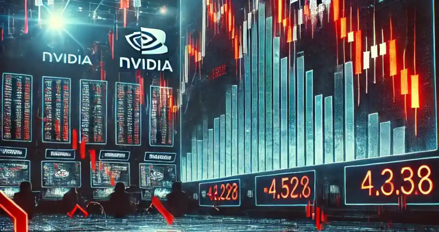 Illustration représentant la chute du Bitcoin avec un graphique baissier, des écrans de trading et des icônes de marché technologique en arrière-plan.
