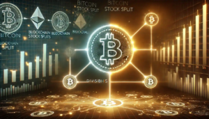 Illustration expliquant la divisibilité du Bitcoin, comparée aux fractionnements d'actions, avec des symboles de blockchain et des graphiques financiers.