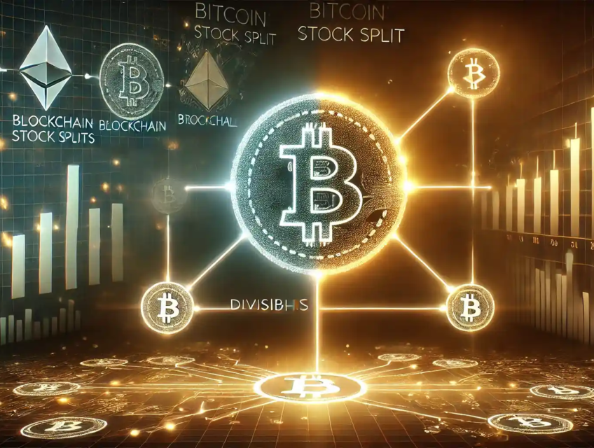 Illustration expliquant la divisibilité du Bitcoin, comparée aux fractionnements d'actions, avec des symboles de blockchain et des graphiques financiers.