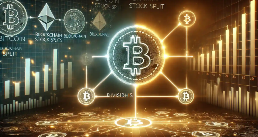 Illustration expliquant la divisibilité du Bitcoin, comparée aux fractionnements d'actions, avec des symboles de blockchain et des graphiques financiers.