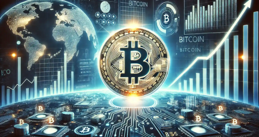 Illustration d’un Bitcoin brillant sur un arrière-plan financier futuriste avec des graphiques en hausse, un globe et des motifs numériques.