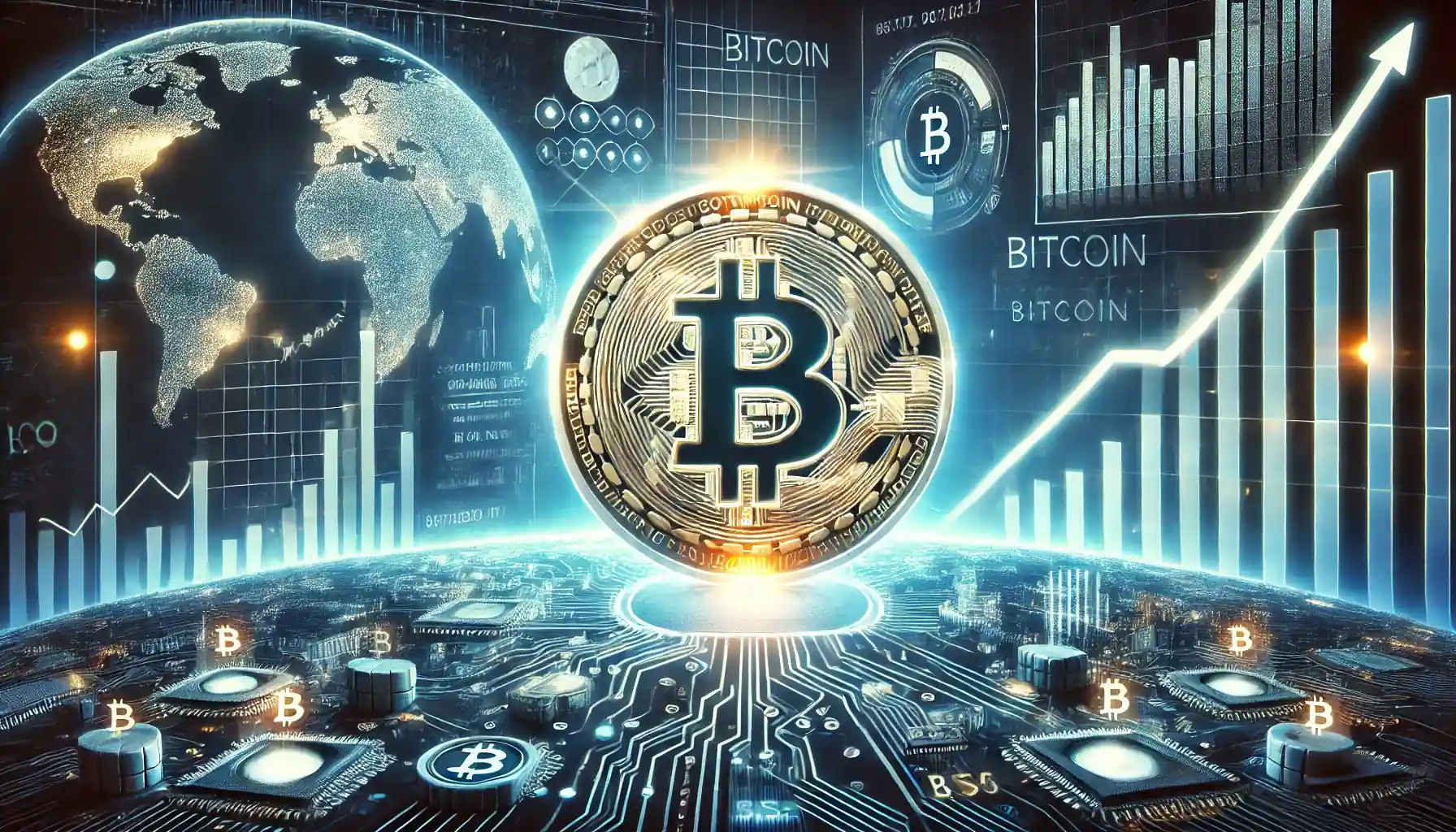 Illustration d’un Bitcoin brillant sur un arrière-plan financier futuriste avec des graphiques en hausse, un globe et des motifs numériques.