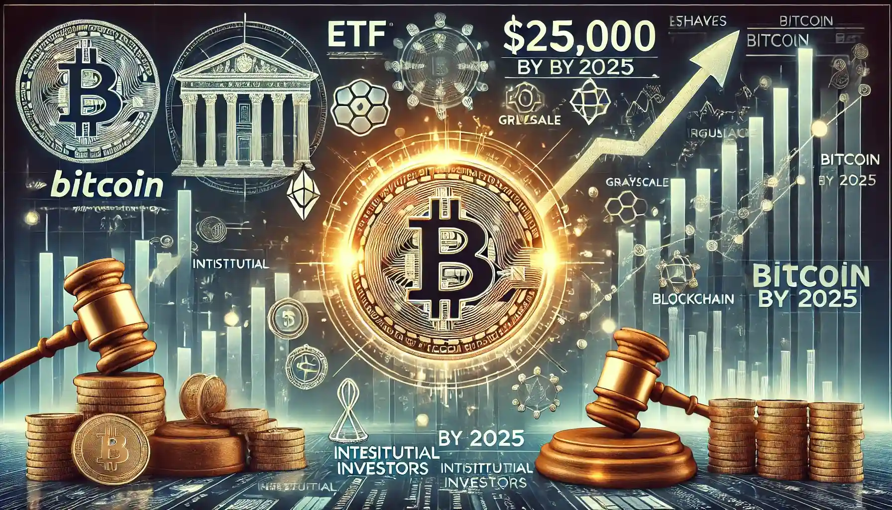 Illustration de la montée du Bitcoin avec un symbole lumineux, des graphiques financiers haussiers, et des éléments liés aux ETF et aux régulations.