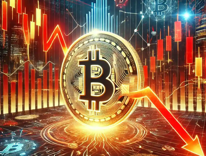 A digital depiction of Bitcoin experiencing a 5% price drop, surrounded by red market graphs and a futuristic cityscape symbolizing the volatile crypto market.