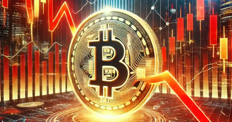 A digital depiction of Bitcoin experiencing a 5% price drop, surrounded by red market graphs and a futuristic cityscape symbolizing the volatile crypto market.