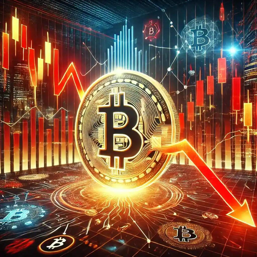 A digital depiction of Bitcoin experiencing a 5% price drop, surrounded by red market graphs and a futuristic cityscape symbolizing the volatile crypto market.