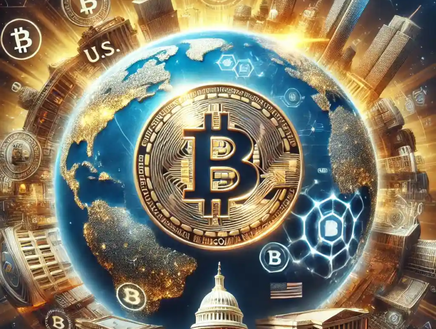 A futuristic digital illustration symbolizing Bitcoin's expanding global influence, featuring a glowing Bitcoin logo radiating over a semi-transparent globe with elements of financial and blockchain integration.